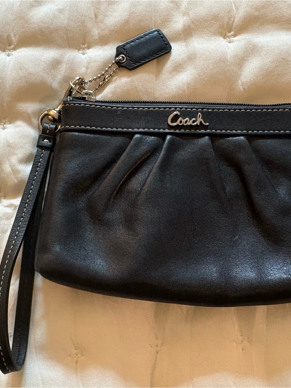 Coach Black Leather Wristlet Clutch with Silver Logo